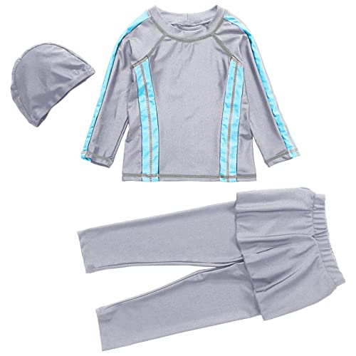 QINQNC Mädchen Badeanzug 3PCS Rash Guard Badeanzug Top+Pant+Cap UPF 50+ Sonnenschutz Langarm Badebekleidung Sonnenanzüge (Grey, 2-3 Years)