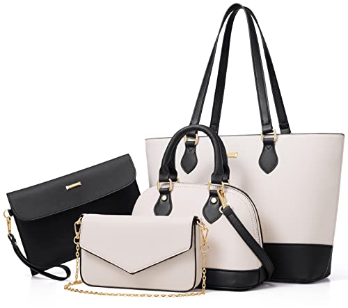 Bagsure Handtasche Damen Schultertasche Handtaschen Tragetasche Damen 4-teiliges Set für Büro Schule Einkauf Reise Geschenk (weiß-schwarz)