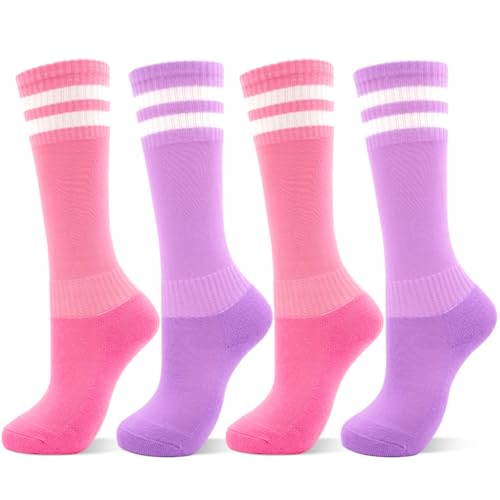 DECOVICI Kinder Fußballsocken für Mädchen und Jungen 4 Paar, Kniestrümpfe Fussball Socken für Kinder, Lange stutzen kinder fußball für 3-13 Jahre Rugby Tägliches(3-6Jahre,2Rosa+2Lila)