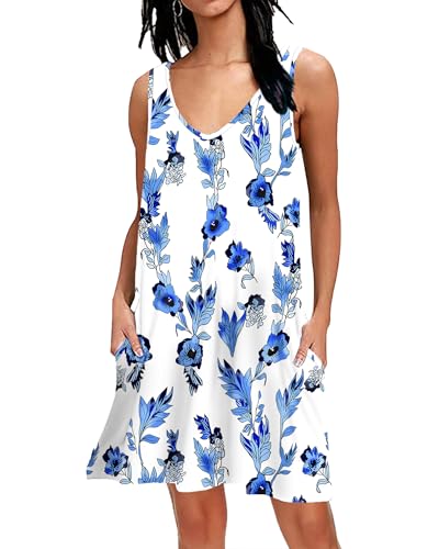 AUSELILY Strandkleid Damen Blaue Blume Weiß L