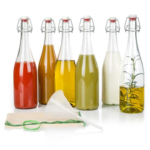 myFERMENTS - Glasflaschen mit Stopfen | Gär-Set 6x 750 ml Flaschen | Mechanischer Verschluss | Trichter 10 cm | Stofftuch 50x50 cm | Fermentationsgläser, Durchsichtig, Porzellan Glas