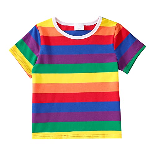 Sommer T Shirts Jungen Mädchen, Rundhals Ausschnitt Tops Kurzarm Bunten Streifen Gedruckt T-Shirt, Kinder Atmungsaktiv Top Kleinkind Multicolor Stripe Print T Shirt Kinder Kleidung 3-7 Jahre