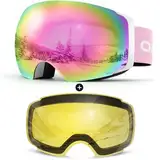 Odoland Skibrille Unisex für Damen und Herren Jungen Rahmenlose Snowboardbrille mit Magnetische Wechselglas UV-Schutz Anti-Nebel Schneebrille Helmkompatible Ski Goggles zum Skifahren Weiß Rosa-Violett