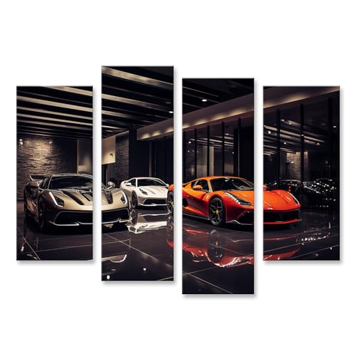 islandburner Bild auf Leinwand Drei Sportwagen in moderner Autogalerie auf Hochglanzboden Bilder Wandbilder Poster