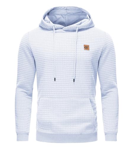 Huayuzh Hoodie Herren Kapuzenpullover Casual Langarm Karierten Kordelzug Jacquard Sweatshirt mit Kapuze Taschen Weiß XL