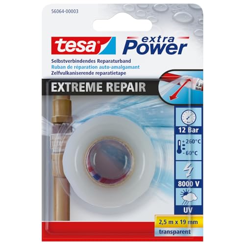 tesa extra Power Extreme Repair Reparaturband - Selbstverschweißendes Reparaturband aus Silikon zum Isolieren und Abdichten - 2,5 m - Transparent