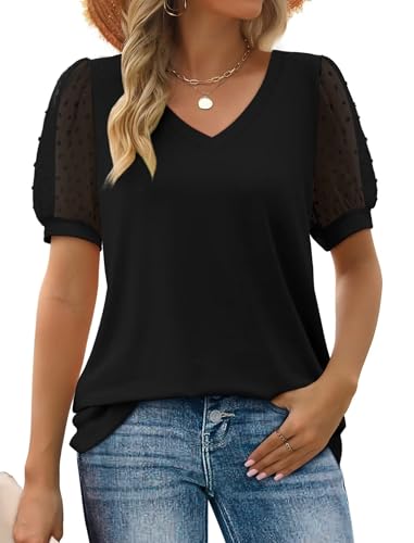 Aokosor Damen Sommer Tops V-Ausschnitt T-Shirt Schweizer Punkt Puffy Ärmel Shirts Schwarz M