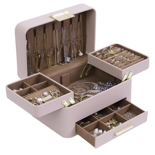 KAMIER Schmuckaufbewahrung, 3 Ebenen PU Schmuckkästchen groß,1 Schmuckaufbewahrung, Multifunktional Schubladeschmuck Organizer, Damen Schmuck Ohrringe Ring Box(Beige)