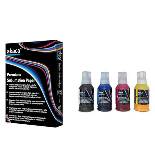 akaca Sublimationstinte (4x 127ml) Set mit 100 Sublimationsblättern A4, 210 x 297 mm, 125 g/m², kompatibel mit Epson EcoTank Supertank Drucker ET-2720 ET-2760 ET-2800 WF7710 ET-2850