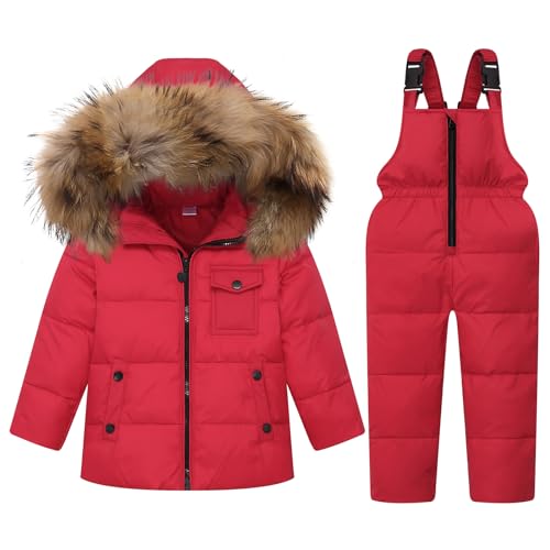 Kinder Bekleidungsset Junge Mädchen Süß Schneeanzug mit Kaputze Daunenjacke + Skihose 2tlg Verdickte Skianzug Winterjacke, Rot 6-7 Jahre