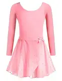 Arshiner Ballettanzug Mädchen Ballett Trikot Ballettkleid Kinder mit TüTü Rock Langarm Baumwolle Balletttrikot Ballettanzug Dunkelrosa 130