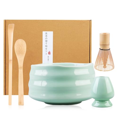BORDEAG Matcha Set, Matcha-Set-Zubehör, MatchaBesen, mit Matcha-Schneebesen, Besenhalter, Matcha Schale aus Keramik, 2 Teelöffel, Hochwertiges Matcha Tee Zubehör Matcha Set