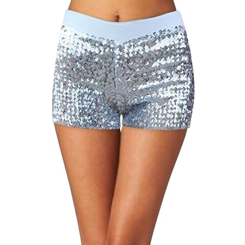 FASLOLSDP Damen Short Mit Pailletten, Hose Schwarz Damen, Elastische Taille Kurz Hosen Casual Locker Sommerhose Party Shorts Freizeitshort FüR Nacht Club Festivals Outfits GläNzend Kurz Hose