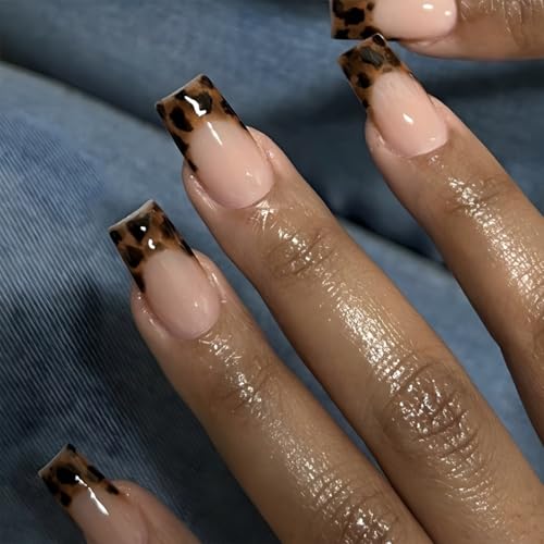 Zernblend 24 Stück French Tip Press on Nails, Medium Square Fake Nails mit Leopard Print Designs, Fake Nails, Kunstnägel, Fake Nägel