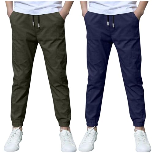 KODMNSW 2er Pack Hosen Jungen Baumwolle Leinen Hose Dünn Sommerhose Robust Arbeitshose Leinenhose Haremshose Einfarbig Outdoorhose Freizeithose 3-13 Jahre Angebote Blau 10 Jahre