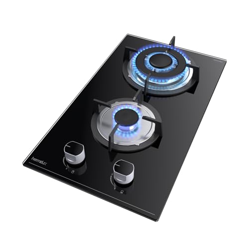 Hermitlux Gaskochfeld 2 Flammig, 30cm, 4300W,Erdgas/Propangas, Automatischer Thermoelementschutz, Einbau Glasherd