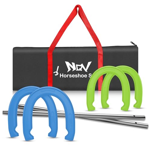 NQV Hufeisenspiel für draußen, Hufeisen-Set, Hufeisen-Set auf Rasen, Strand, Boden, Outdoor, Hinterhof, Erwachsene, 4 robuste Hufeisen aus geschmiedetem Stahl, reguläre Größe + 2 geschmiedete