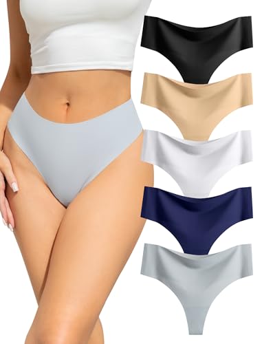 VOENXE String Tanga Damen Nahtlos,High Waist Seamless Slip Mehrpack,Nahtlose UnterwäSche Frauen,Sport Unterhosen Ohne Naht,Unsichtbare Unterhose Microfaser,Invisible Thongs Underwear Women,5 Pack Set