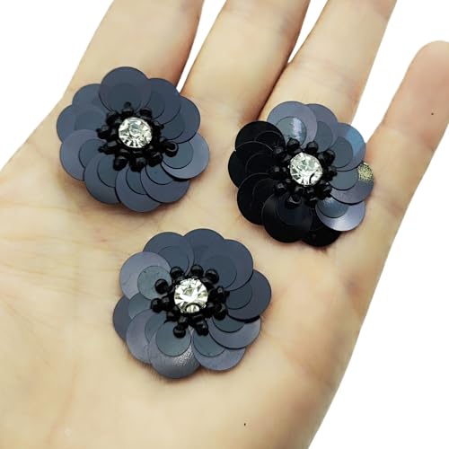 YOOGCORETT 12 Stück Pailletten-Stickerei Blume Strass Perlen Patches Applikationen Trim DIY Handwerk Nähen Pailletten Dekor, Schwarz, 6,9 x 5,8 cm