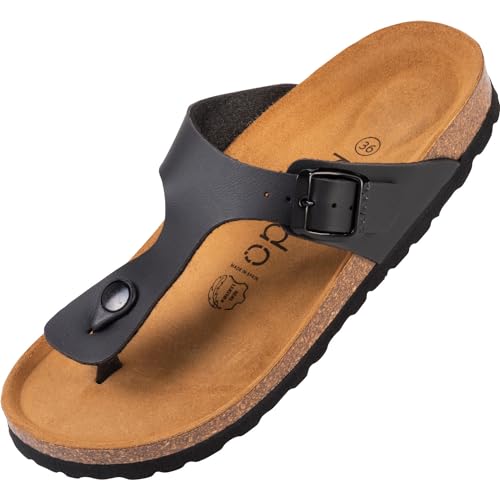 Palado Damen Zehentrenner Kos - Modische Pantoletten mit Kork Fussbett - extra Bequeme Sandalen - Made in Spain - mit Sohle aus Natur Leder - angenehme Sandalen Basic Matt Schwarz 39 EU