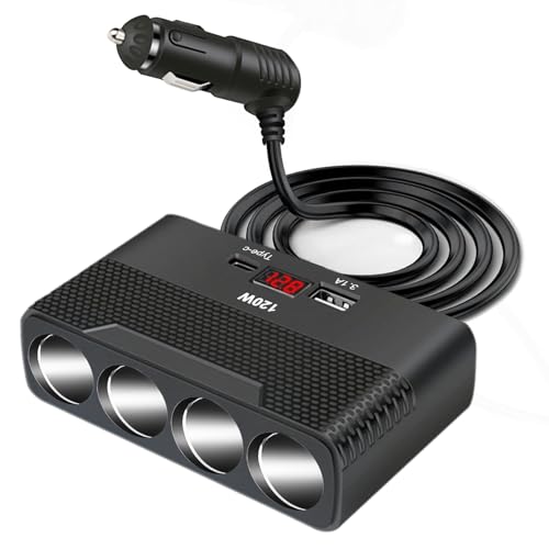 Zigarettenanzünder Verteiler 120W KFZ Ladegerät Auto Adapter with 4 Steckdose 12V/24V Stecker Ladekabel Splitter mit 2 USB Anschlüsse für GPS iPhone iPad Tablet