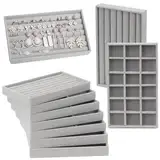 BEYGIH 10 Stück Schmucktablett Stapelbar,Schmuck Organizer Schublade,Grey Schmucktablett Samt,Präsentieren Schmuckeinsatz für Schubladen groß,Organizer Schmuck für Halsketten Armbänder Ringe Ohrring