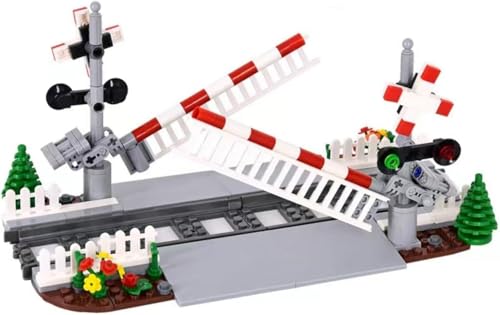 City Schienen Eisenbahnkreuzung Bausteine Set, Zug Schienen Accessoires Geländer Kreuzung Hubhebel Konstruktionsspielzeug Kompatibel mit Großen Marken