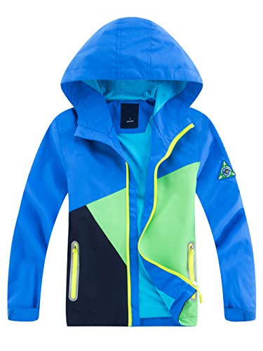 YOUNGSOUL Kinder Regenjacke mit Farbblock Mädchen Jungen Übergangsjacke Outdoorjacke Win und Wasserdicht Windjacke mit Kapuze Blau DE: 128-134 (Herstellergröße 130)