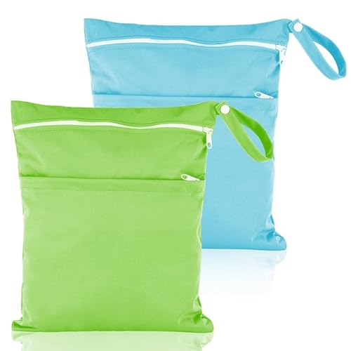 Fingertoys 2 Stück wasserdichte Stoffwindeln Nasstaschen Große Wickeltasche Wetbag Wiederverwendbare,Wet Dry Cloth Windeltasche mit Reißverschluss für Baby Reisen Unterwegs(hellblau und grün)