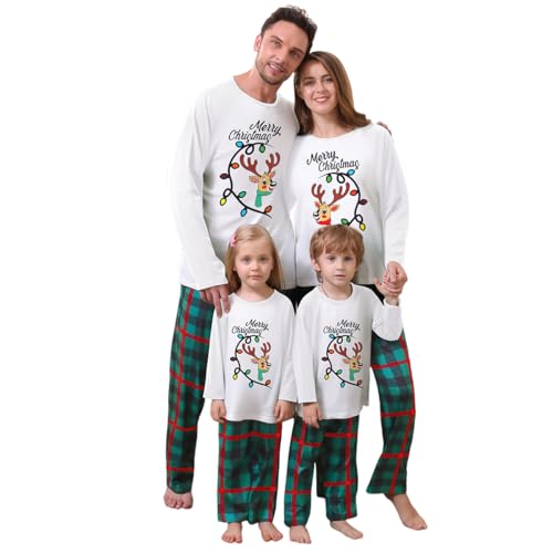 ZOEREA Weihnachten Familie Schlafanzug Outfit Elch Grün Kariertes Nachtwäsche Herren Damen Kiner Baby Lang Pyjamas Set Damen M