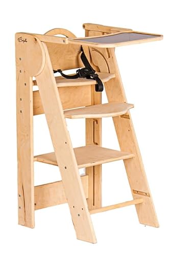 BABYLIKE Montessori Lernturm für Kinder | Babyhochstuhl | 2w1 | Lernstuhl ab 1 Jahr | Learning Tower | Tritthocker mit Stufen & verstellbaren Fachböden | Naturholz