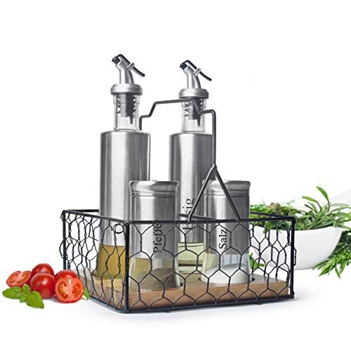 Sendez 5-tlg. Menage Set mit Korb Salz & Pfefferstreuer Ölspender Essigspender Edelstahl Glas