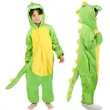 Dino Onesie Kinder Dinosaurier Kostüm Pyjamas Schlafanzug Jumpsuit mit Kapuze- Tier Schlafoverall Kleidung Outfit Drachen Flanell Sleepwear Overall für Mädchen Jungen Halloween Karneval Cosplay Party