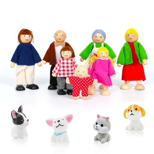 Lonsien Hölzerne Puppenhaus Puppen Familie Set 11 Stück Puppenfamilien Figuren Biegepuppen mit Katze und Hund Spielzeug Minipuppen Zubehör für Pretend Dollhouse Geschenk