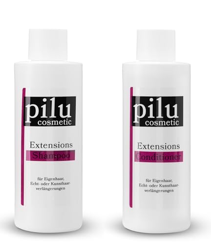pilu cosmetic Extensionspflege Kunsthaar und Echthaar Verlängerung (Haarverlängerung - Extensions) schont Haar und Bonding (Shampoo & Conditioner SET, 1000ml)