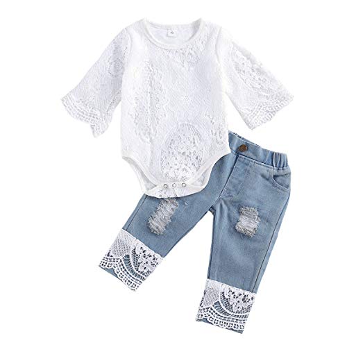 Geagodelia Babykleidung Set Baby Mädchen Kleidung Outfit Langarm Spitze Body Strampler + Jeans Hose Neugeborene Weiche Babyset T-52488 (Weiß & Blau 240, 6-12 Monate)