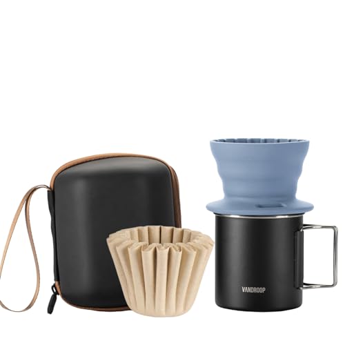 Vandroop Portable Pour Over Coffee Maker Set, Silicone Collapsible Coffee Dripper Set, Reusable Single Cup Maker Set with 10 Filter Paper (1-2 Cup) (Blue)