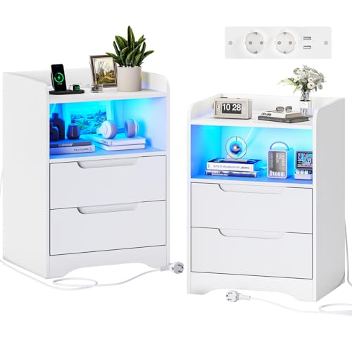 Brinlawb Nachttisch 2er set Nachttisch mit Ladefunktion und LED-Licht Nachtschrank 2er set mit 2 Schubladen Und 1 Offenes Fach Beistelltisch Weiss Couchtisch Sofatisch für Schlafzimmer Wohnzimmer Weiß