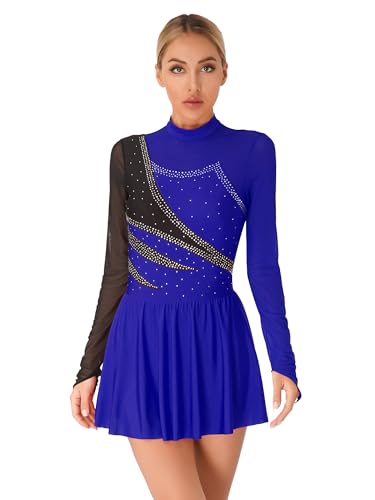 TiaoBug Eiskunstlauf Kleid Damen Eislaufen Rollschuh Kleid Langarm Ballettkleid Tanzkleid Gymnastik Turn Bekleidung gr. S M L XL XXL Königsblau M XXL