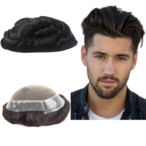 Toupee für Männer - Menschhaarperücke Europäische Jungfrau, Lockige Welle, Echtes Haar Ersatzsystem für Mann AUS Patch (6x9")