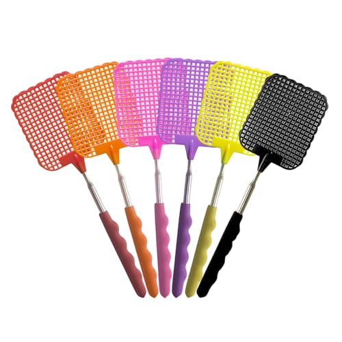 Fliegenklatsche, 6 Stück Bunt Fliegenklatsche Ausziehbar, Fliegenklatsche Stabil,Manual Extendable Fly Catcher für Fliegen und Insekten Abzuwehren(Rot/Orange/Gelb/Rosa/Lila/Schwarz)
