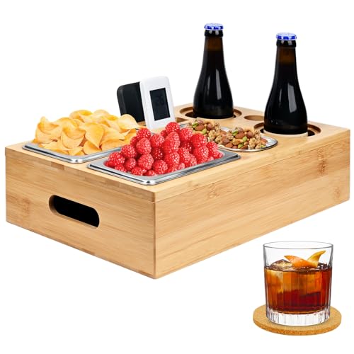 Dreamhigh® Couchbar Snackbox, Couch Bar mit 2 Untersetzer, 3 Edelstahl Snackschalen, Organizer und Flaschenhalter, Sofatablett Sofa Snackspender aus Premium Bambus - Tolles Geschenk