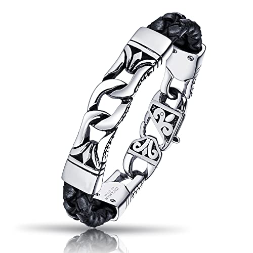 COOLMAN Herren Lederarmband schwarz 22.3 cm mit Edelstahl Verschluss Armbänder Tolles Geschenke für Männer (mit Schmuckschatulle)