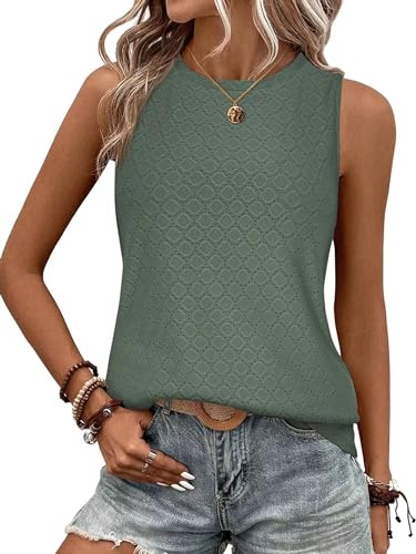 BAISHENGGT Damen Tank Tops Sommer Rundhals Ärmellos Ausgehöhlt Basic T Shirt Oberteile Grün S