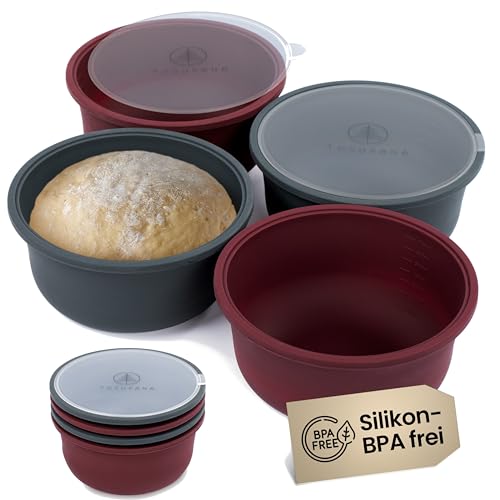 Tosukana Pizzaballenbox mit Deckel - 4er Set Teigbox aus antihaftendem Silikon - platzsparend Pizzateig gären - Pizza-Zubehör - stapelbare Gärbox - rund - 700 ml - für 250-300g Teiglinge