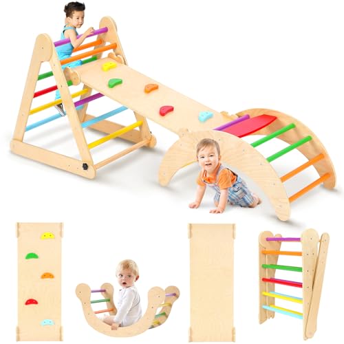 YOLEO Klettergerüst Indoor, 3-in-1 Montessori kletterdreieck mit Rutsche, Kletterbogen, Stabilem Baby-Klettergerüst und Kletterdreieck ab 1 Jahr Regenbogen