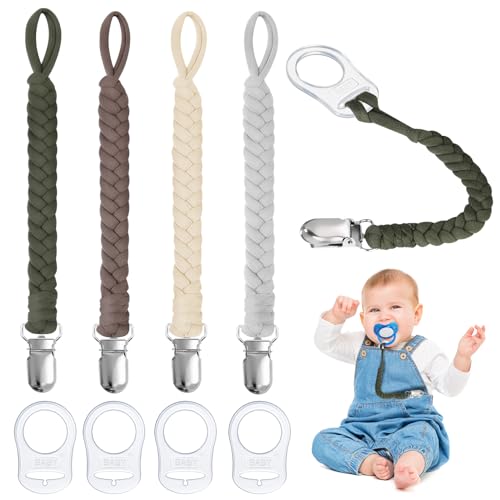 Aolso Schnullerketten Baumwolle Schnullerketten, 4pcs Baby Schnullerkettenclips, Schnullerketten für Mädchen und Jungen, Schnuller，Geflochtene Schnullerkette