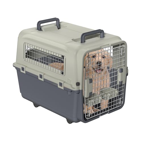 FIVMEN Hundebox Transportbox Hund 67x51x58,5 cm Hundetransportbox mit Rollen und Eisen Fenstern Türen Tiertransportbox Flugzeugbox für Hunde Flugzeug Auto Reise & Transport