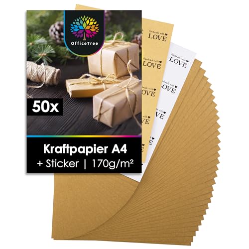 OfficeTree 50 x Kraftpapier A4 inklusive Sticker Set - Craftpapier A4 - Kartonpapier zum Basteln Hochzeit Einladungen, Menükarten - Braunes Papier A4 - Craft Papier zum Drucken und Schreiben