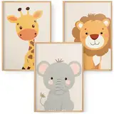 Generisch Bilder Kinderzimmer I 3er Set DIN A4 I Lustige Tiere I Babyzimmer für Jungen und Mädchen I Deko (Safari (Löwe, Elefant & Giraffe))